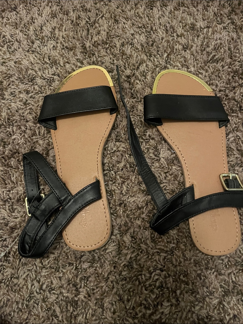 Charlotte Russe Black Strappy Flat Sandals with Tan Footbed